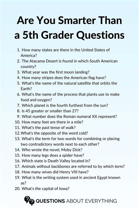 are you smarter than a 5th grader questions and answers